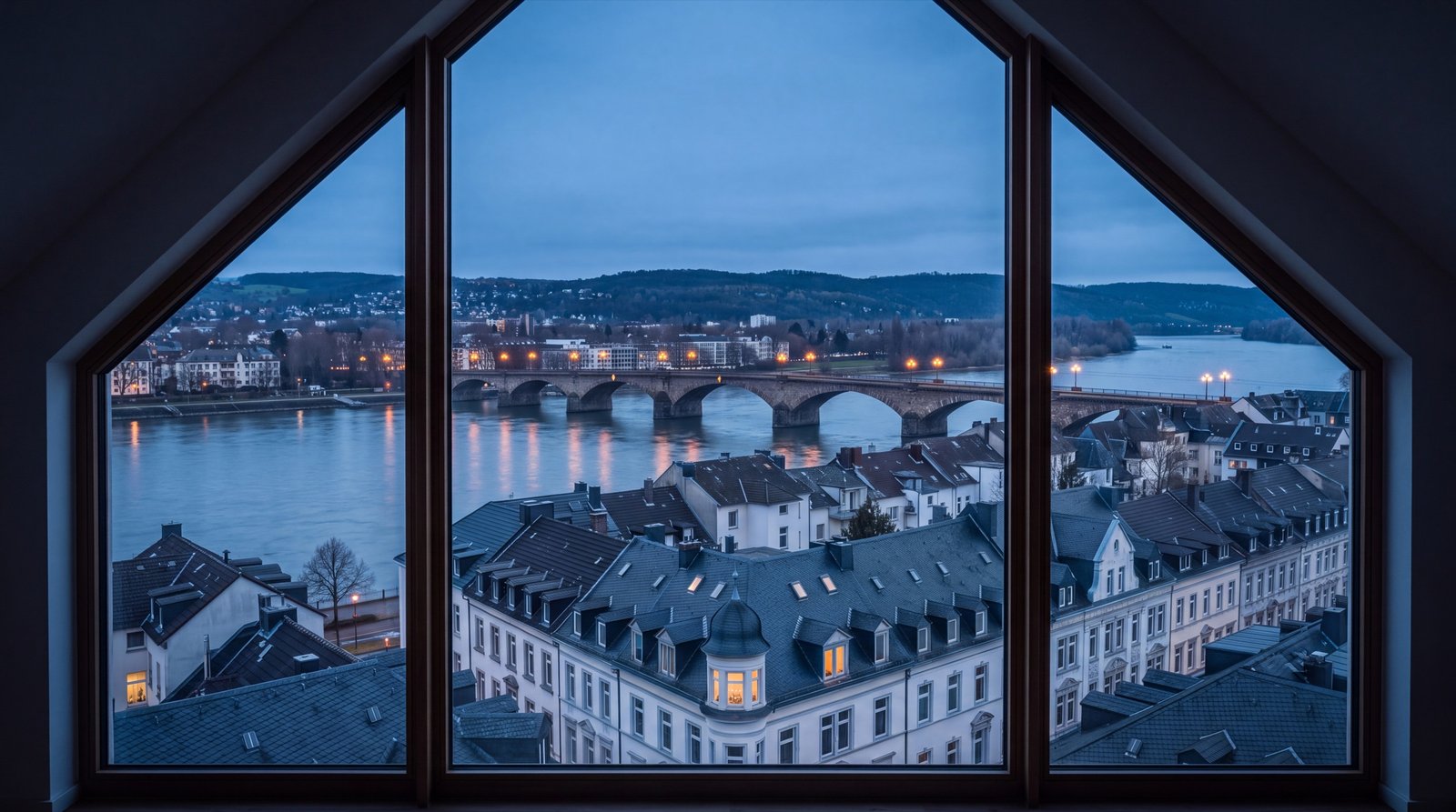 Blick aus dem Giebelfenster über die Stadt am Fluss in der blauen Stunde: Brücke, Dächer, einzelne Lichter