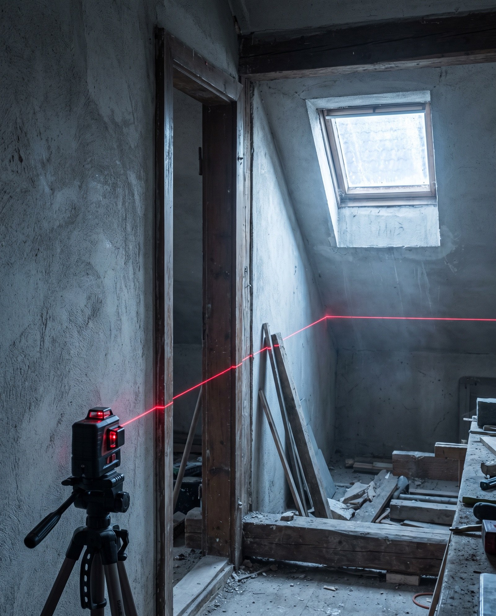 Ein Kreuzlinienlaser zieht eine rote Linie über eine rohe Putzwand und eine alte Türzarge