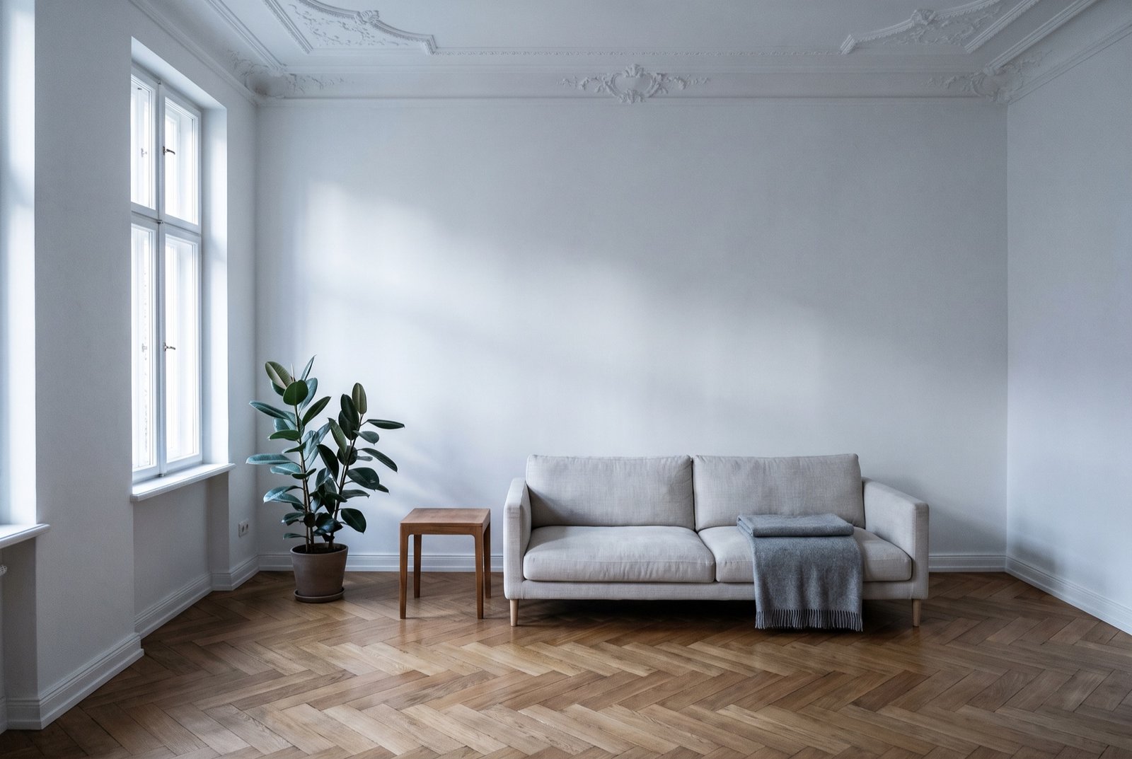 Sparsam eingerichteter Altbauraum mit Leinensofa, einer Pflanze und Fischgrätparkett